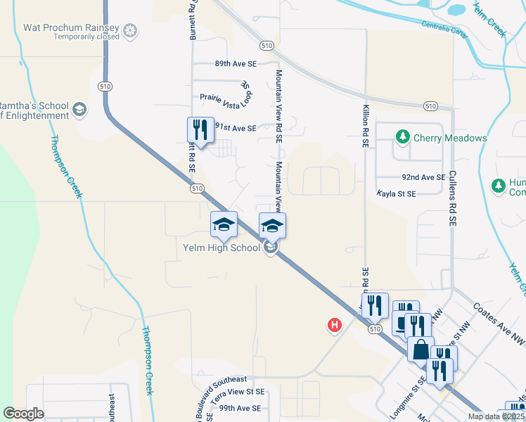 map of restaurants, bars, coffee shops, grocery stores, and more near 1318 West Yelm Avenue in Yelm