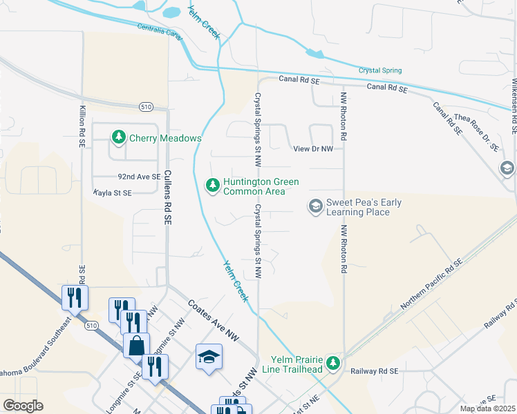 map of restaurants, bars, coffee shops, grocery stores, and more near 727 Northwest Crystal Springs Street in Yelm