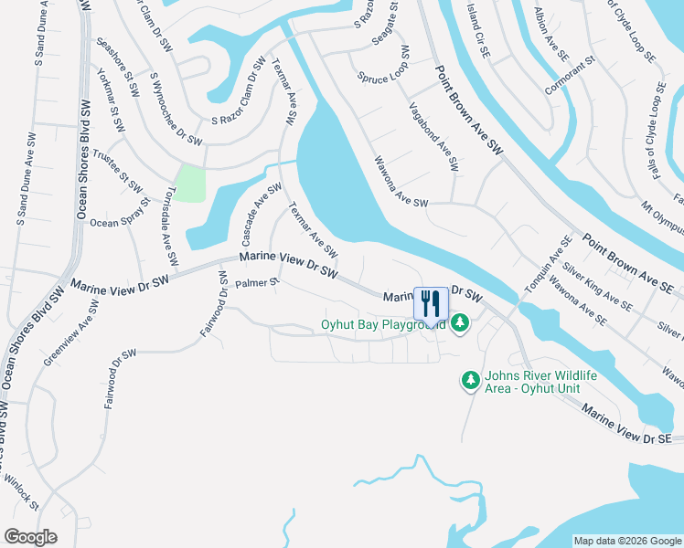 map of restaurants, bars, coffee shops, grocery stores, and more near 984 Texmar Street Southwest in Ocean Shores
