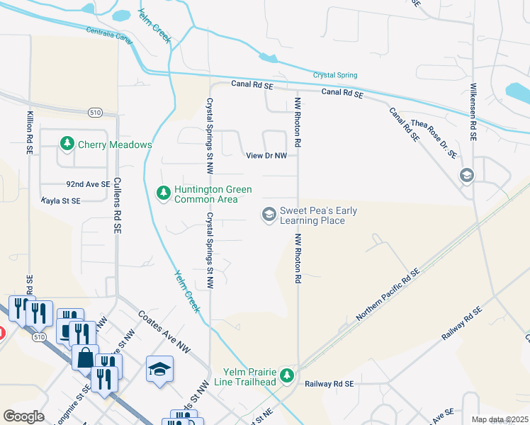 map of restaurants, bars, coffee shops, grocery stores, and more near 1109 Northwest Rhoton Court in Yelm