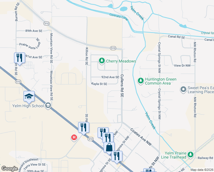 map of restaurants, bars, coffee shops, grocery stores, and more near 15346 Kayla Street Southeast in Yelm