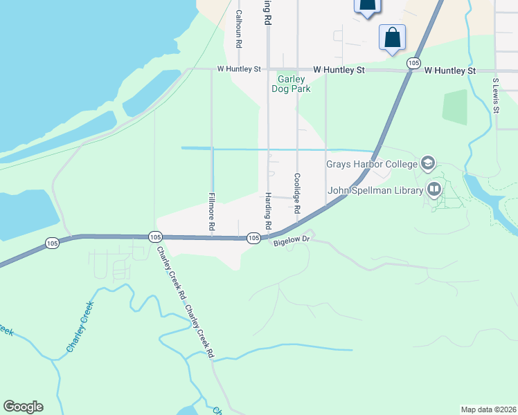 map of restaurants, bars, coffee shops, grocery stores, and more near 1915 Harding in Hoquiam