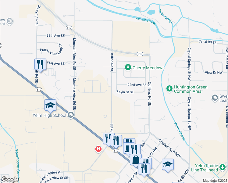 map of restaurants, bars, coffee shops, grocery stores, and more near 15293 Kayla Street Southeast in Yelm