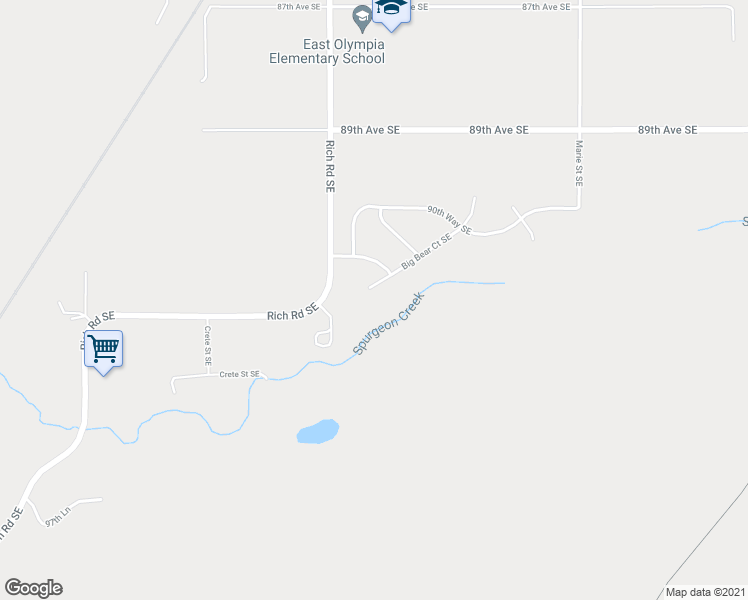map of restaurants, bars, coffee shops, grocery stores, and more near 9208 Big Bear Court Southeast in Olympia
