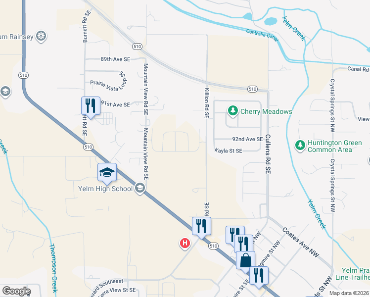 map of restaurants, bars, coffee shops, grocery stores, and more near 9306 Mountain View Road Southeast in Yelm
