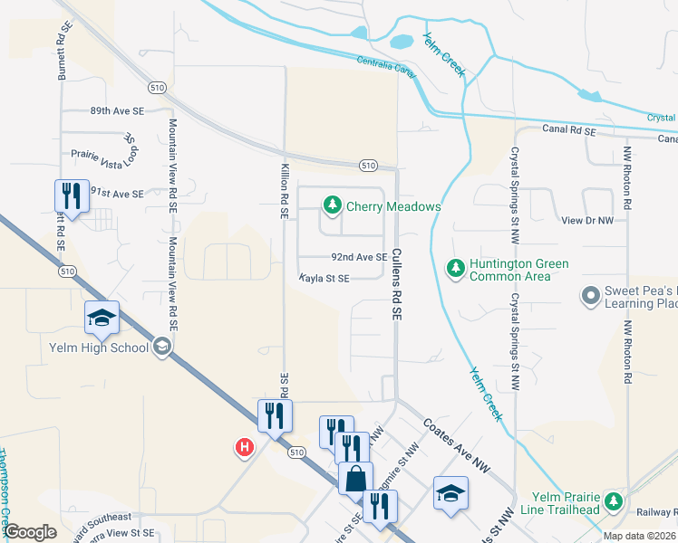 map of restaurants, bars, coffee shops, grocery stores, and more near 15346 Kayla Street Southeast in Yelm