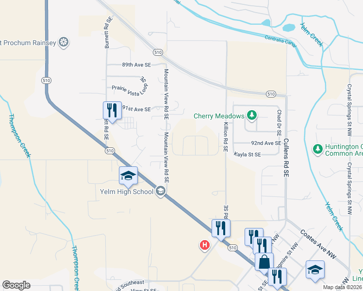 map of restaurants, bars, coffee shops, grocery stores, and more near 9306 Mountain View Road Southeast in Yelm