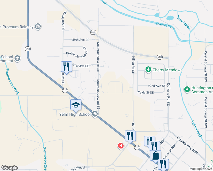 map of restaurants, bars, coffee shops, grocery stores, and more near 9306 Mountain View Road Southeast in Yelm