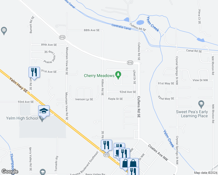 map of restaurants, bars, coffee shops, grocery stores, and more near 15236 Kayla Street Southeast in Yelm