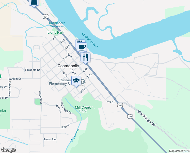 map of restaurants, bars, coffee shops, grocery stores, and more near 1872 1st St in Cosmopolis