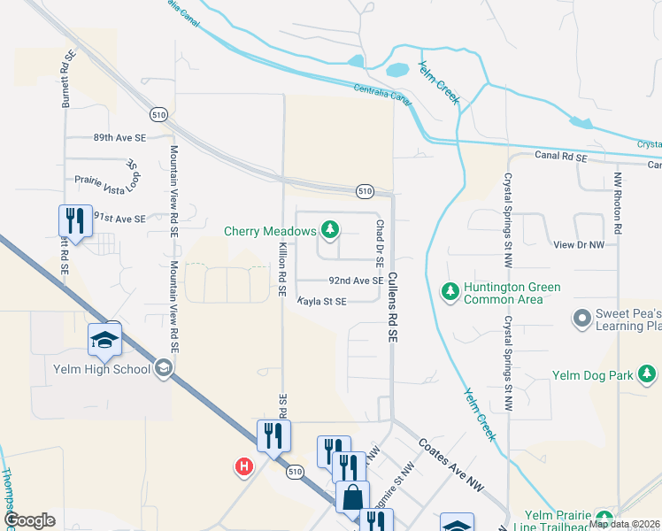 map of restaurants, bars, coffee shops, grocery stores, and more near 9136 Carissa Street Southeast in Yelm