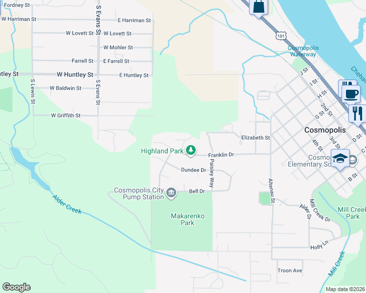 map of restaurants, bars, coffee shops, grocery stores, and more near 11 Trinity Way in Cosmopolis