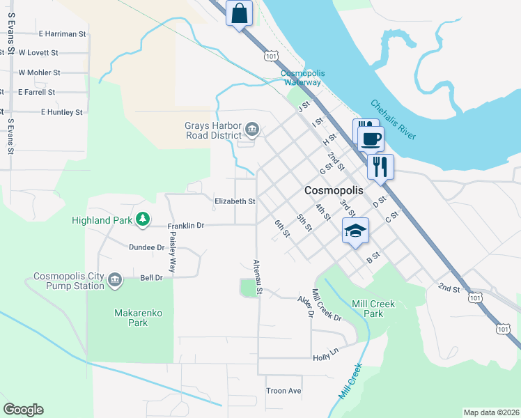 map of restaurants, bars, coffee shops, grocery stores, and more near 920 6th Street in Aberdeen