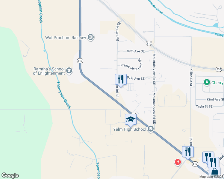 map of restaurants, bars, coffee shops, grocery stores, and more near 9139 Burnett Road Southeast in Yelm