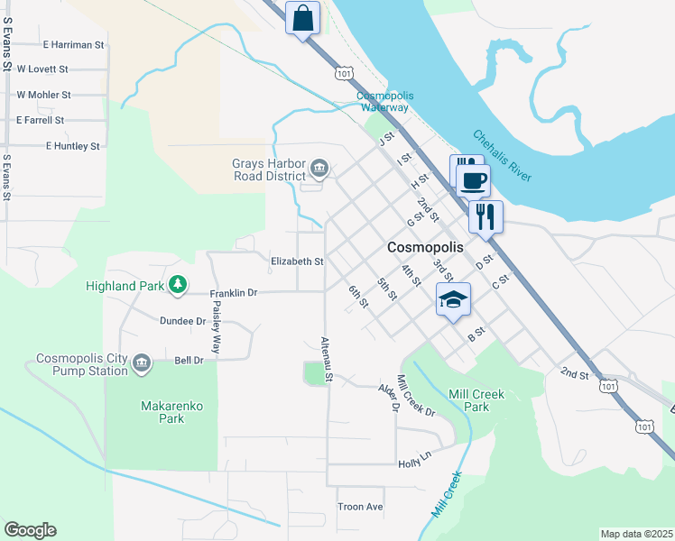 map of restaurants, bars, coffee shops, grocery stores, and more near 920 6th Street in Aberdeen