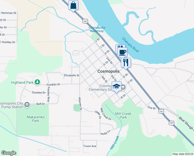 map of restaurants, bars, coffee shops, grocery stores, and more near 414 F Street in Aberdeen