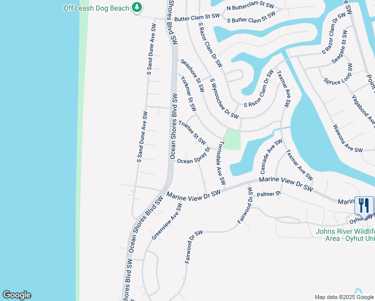 map of restaurants, bars, coffee shops, grocery stores, and more near 472 Moose Court in Ocean Shores