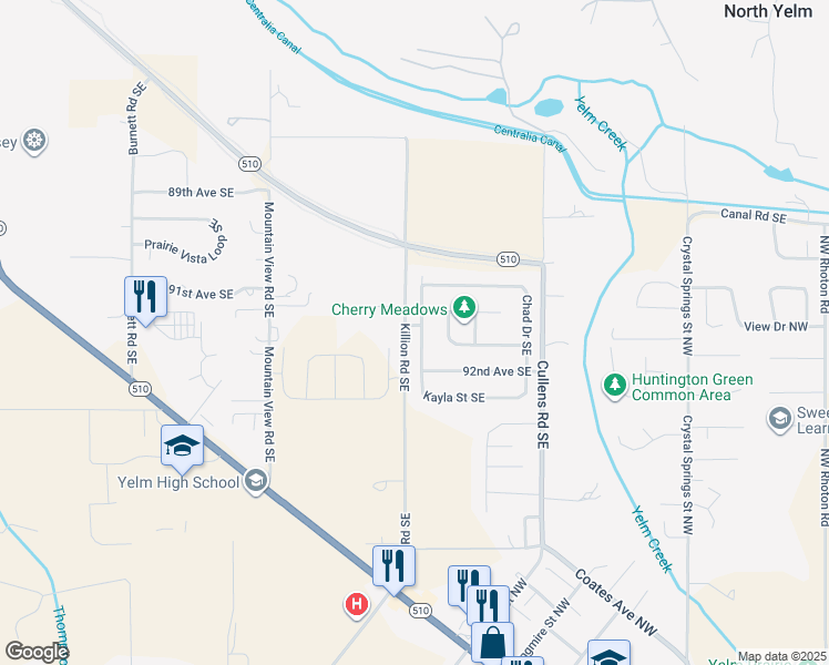map of restaurants, bars, coffee shops, grocery stores, and more near 15203 Kayla Street Southeast in Yelm