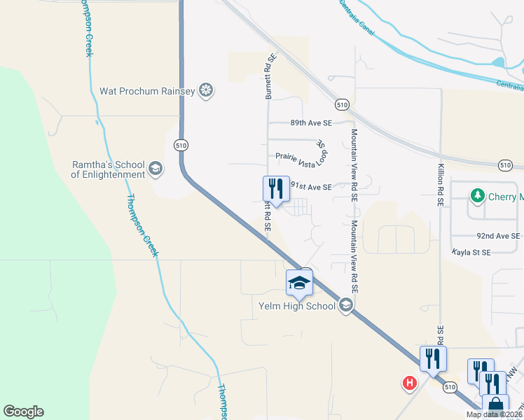 map of restaurants, bars, coffee shops, grocery stores, and more near 9139 Burnett Road Southeast in Yelm