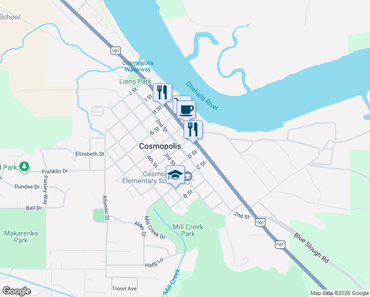 map of restaurants, bars, coffee shops, grocery stores, and more near 1304 2nd Street in Aberdeen