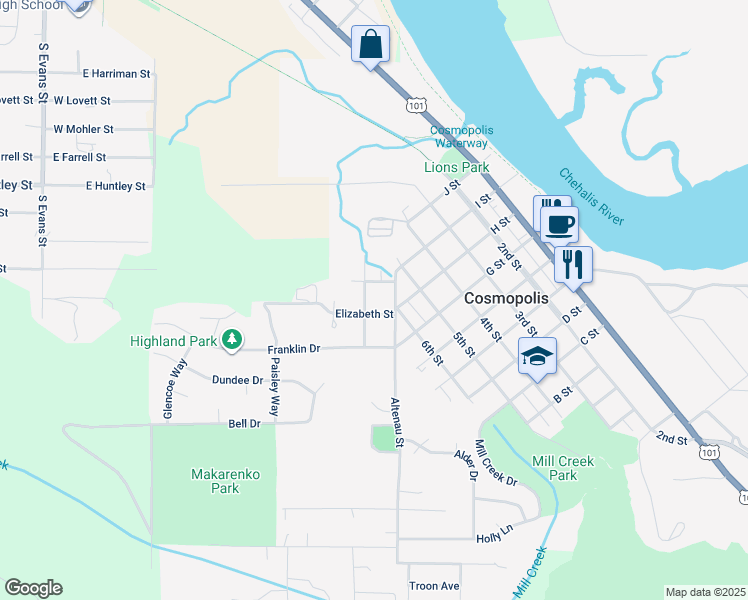 map of restaurants, bars, coffee shops, grocery stores, and more near 732 Burns Street in Cosmopolis