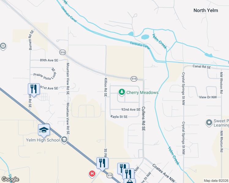 map of restaurants, bars, coffee shops, grocery stores, and more near 15314 91st Avenue Southeast in Yelm