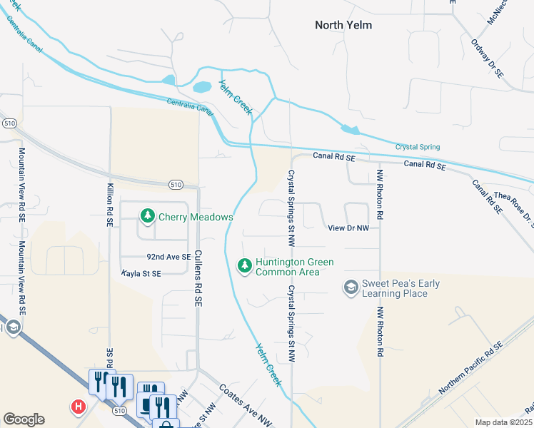map of restaurants, bars, coffee shops, grocery stores, and more near 15716 View Drive Court Southeast in Yelm