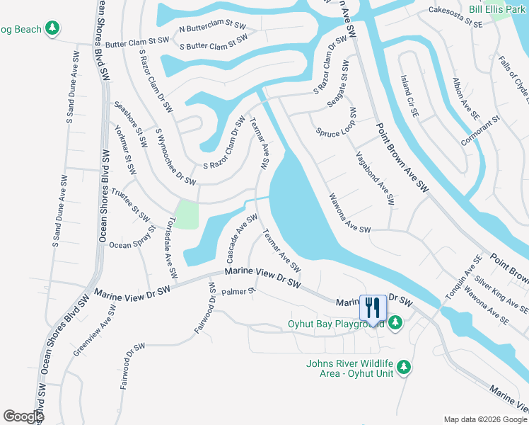 map of restaurants, bars, coffee shops, grocery stores, and more near 875 Texmar Street Southwest in Ocean Shores