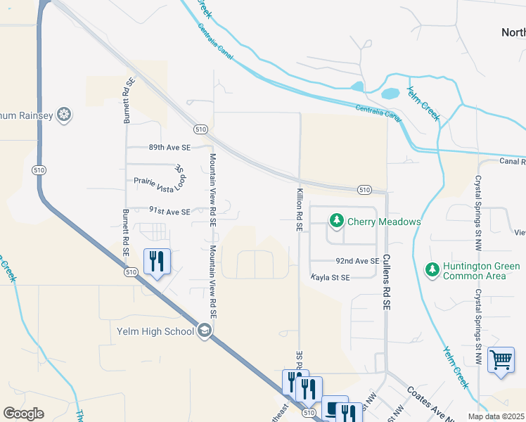 map of restaurants, bars, coffee shops, grocery stores, and more near 9129 Killion Road Southeast in Yelm