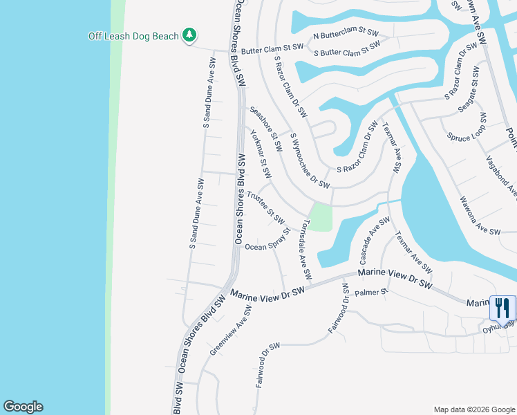 map of restaurants, bars, coffee shops, grocery stores, and more near 420 Trustee Street Southwest in Ocean Shores