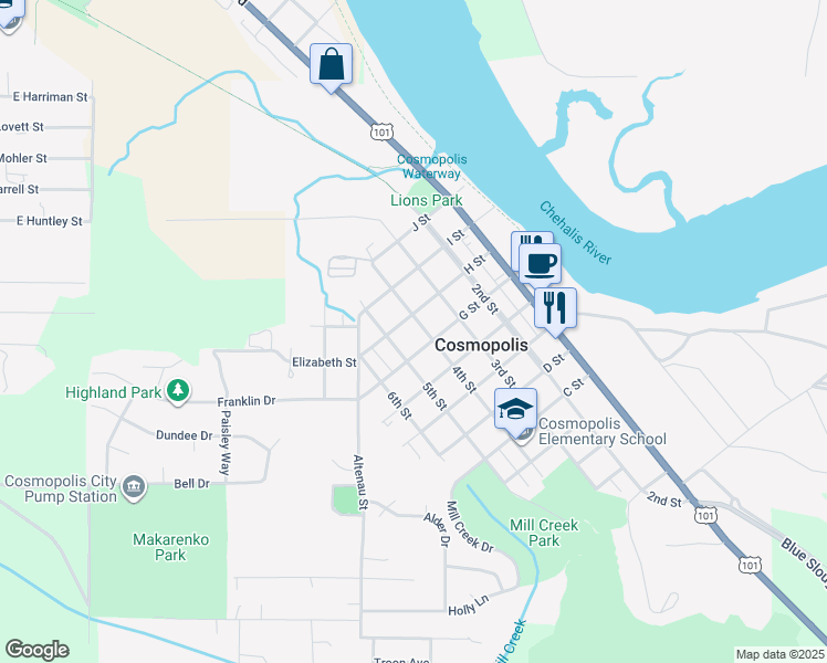 map of restaurants, bars, coffee shops, grocery stores, and more near 912 4th Street in Hoquiam