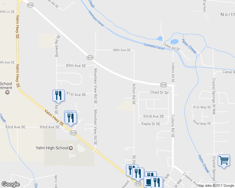 map of restaurants, bars, coffee shops, grocery stores, and more near 9129 Killion Road Southeast in Yelm