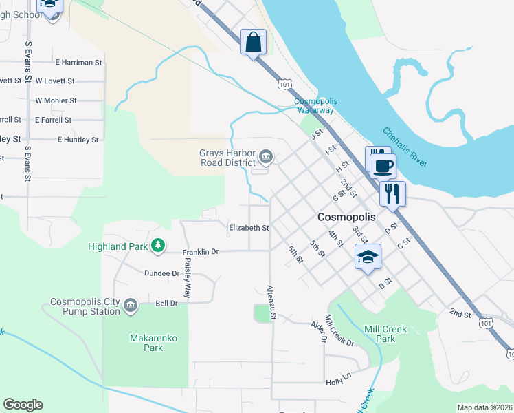 map of restaurants, bars, coffee shops, grocery stores, and more near 732 Burns Street in Cosmopolis
