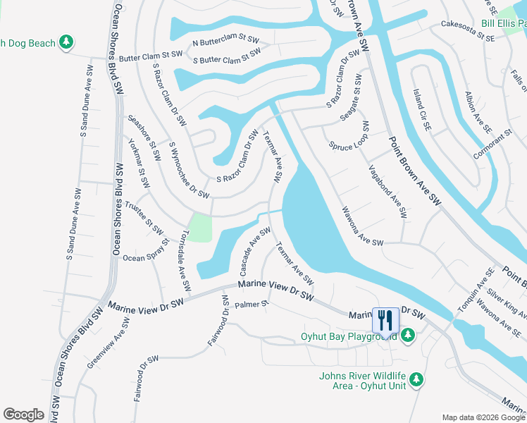 map of restaurants, bars, coffee shops, grocery stores, and more near 875 Texmar Street Southwest in Ocean Shores