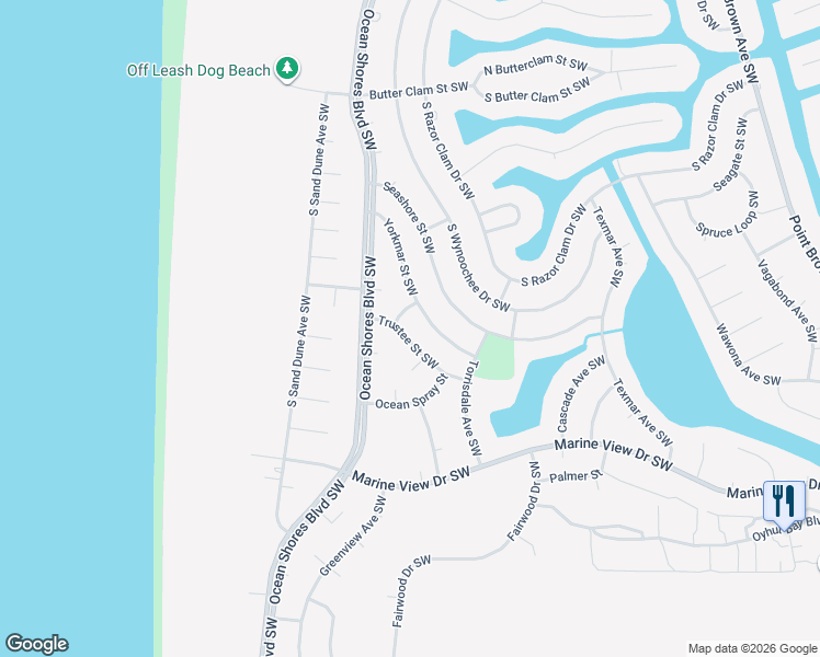 map of restaurants, bars, coffee shops, grocery stores, and more near 420 Trustee St SW in Ocean Shores