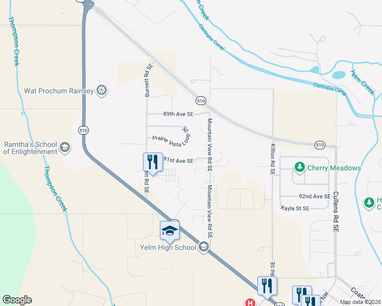 map of restaurants, bars, coffee shops, grocery stores, and more near 14926 91st Avenue Southeast in Yelm