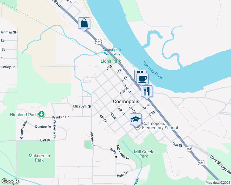 map of restaurants, bars, coffee shops, grocery stores, and more near 920 3rd Street in Cosmopolis