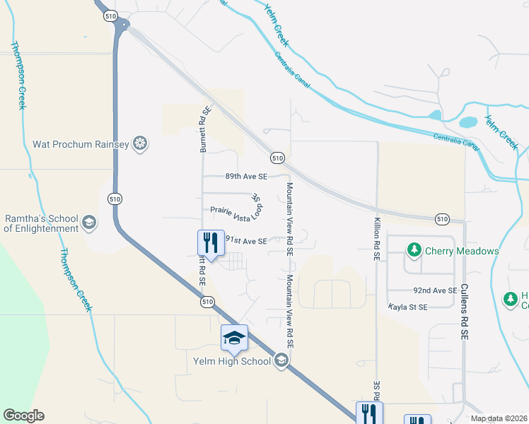 map of restaurants, bars, coffee shops, grocery stores, and more near 14927 Mountain View Court Southeast in Yelm