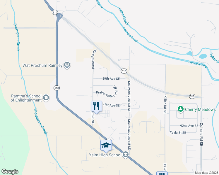 map of restaurants, bars, coffee shops, grocery stores, and more near 14932 Prairie Vista Loop Southeast in Yelm