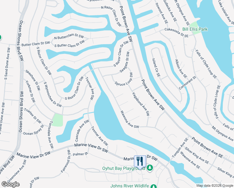 map of restaurants, bars, coffee shops, grocery stores, and more near 805 Tyee Court Southwest in Ocean Shores