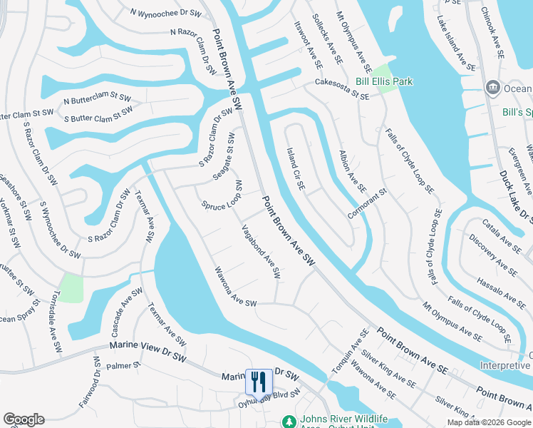 map of restaurants, bars, coffee shops, grocery stores, and more near 791 Point Brown Avenue Southwest in Ocean Shores