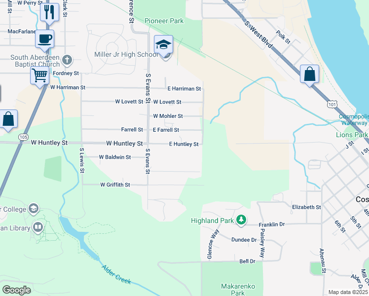 map of restaurants, bars, coffee shops, grocery stores, and more near 202 East Huntley in Cosmopolis
