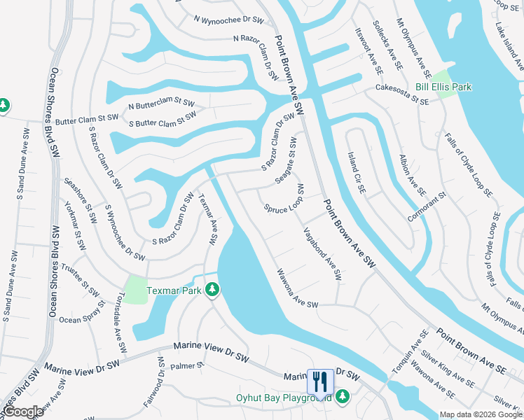 map of restaurants, bars, coffee shops, grocery stores, and more near 171 Spruce Loop Southwest in Ocean Shores