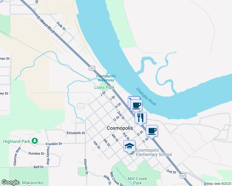 map of restaurants, bars, coffee shops, grocery stores, and more near 750 1st Street in Hoquiam