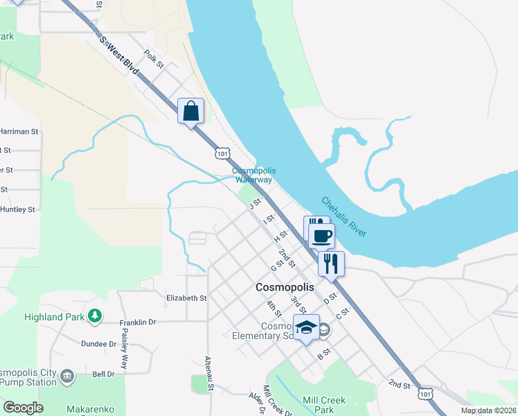 map of restaurants, bars, coffee shops, grocery stores, and more near 117 J Street in Aberdeen