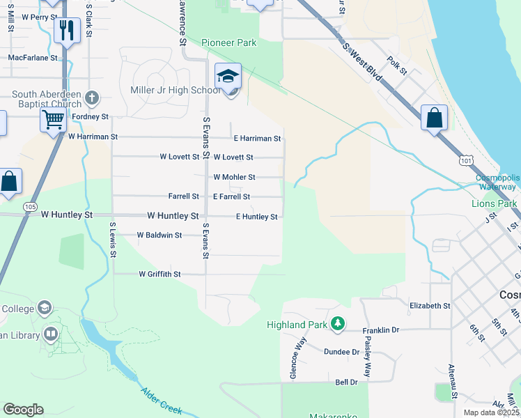 map of restaurants, bars, coffee shops, grocery stores, and more near 202 East Huntley Street in Cosmopolis