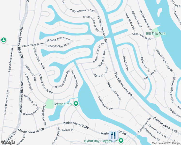 map of restaurants, bars, coffee shops, grocery stores, and more near 171 Spruce Loop Southwest in Ocean Shores