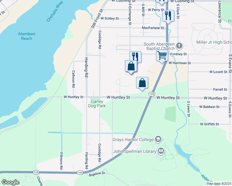 map of restaurants, bars, coffee shops, grocery stores, and more near 1200 West Huntley Street in Aberdeen