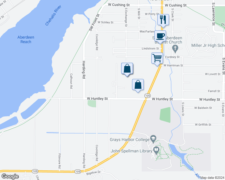 map of restaurants, bars, coffee shops, grocery stores, and more near 1200 West Huntley Street in Aberdeen