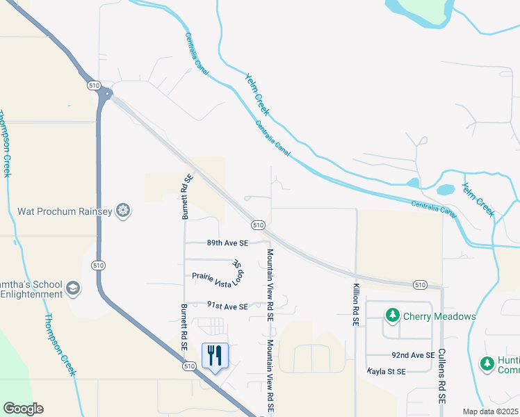 map of restaurants, bars, coffee shops, grocery stores, and more near 8725 Mountain View Road Southeast in Yelm